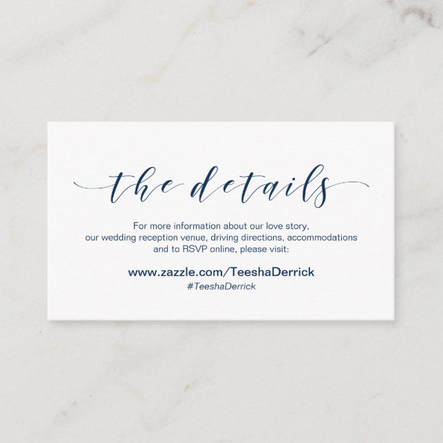 Beautiful Elegant, Navy Script, Wedding Details Enclosure Card (Front)