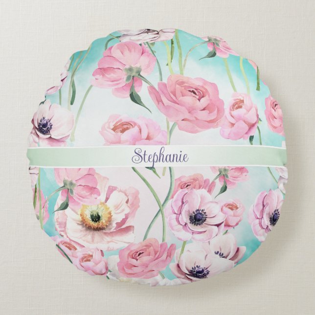Beautiful Elegant Pink Floral Roses Monogram with  Round Cushion (Front)