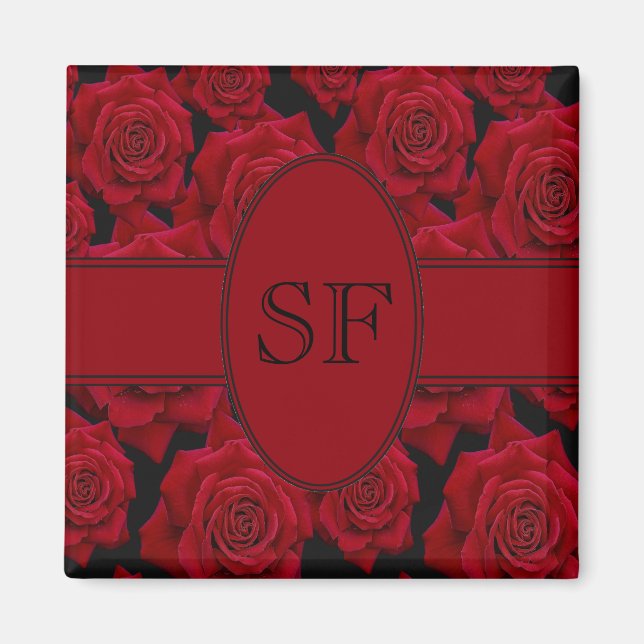 Beautiful & Elegant Red Rose Bloom- Monogram Magnet (Front)