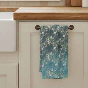 Beautiful Elegant Rustic Wildflowers On Teal Wood Tea Towel