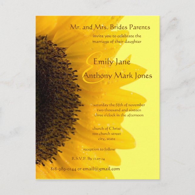 Beautiful Elegant Sunflower Wedding Invitation Postcard (Front)