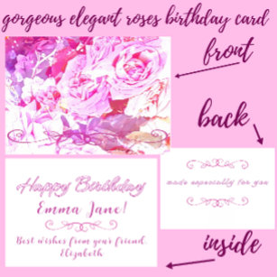 Beautiful Elegant Watercolor Roses Happy Birthday Card