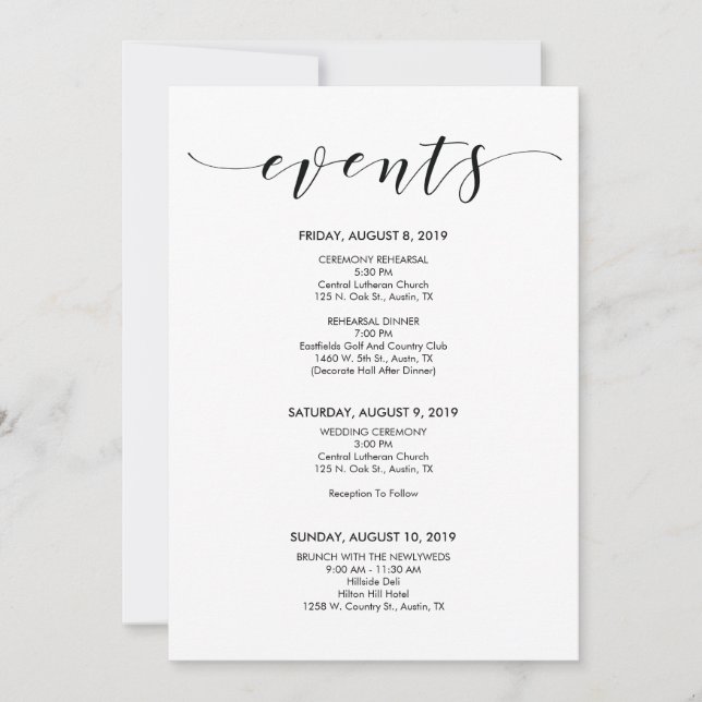 Beautiful Elegant Wedding Timeline/ Itinerary Card (Front)