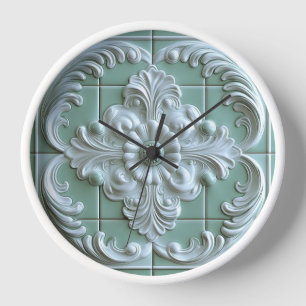 Beautiful Embossed Tile White Light Green  Clock