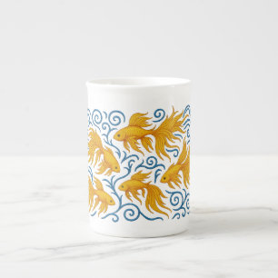Beautiful embroidered golden fishes bone china mug