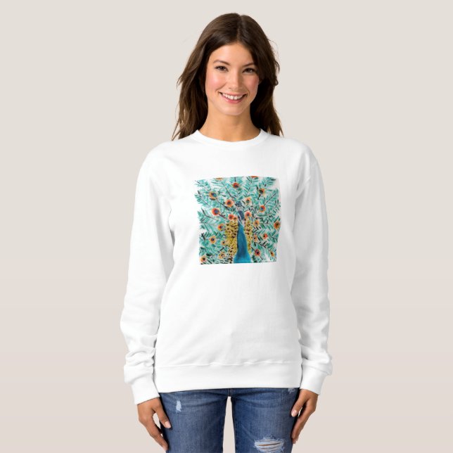 Beautiful Emerald Green, Turquoise Blue Peacock Sweatshirt (Front Full)