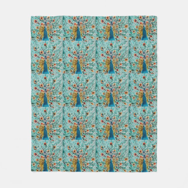 Beautiful Emerald Green, Turquoise Peacock Fleece Blanket (Front)