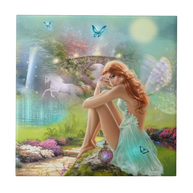 Beautiful Enchanted Fairy Garden & White Horse Tile (Front)