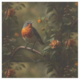 Beautiful English Robin in a Garden Fabric