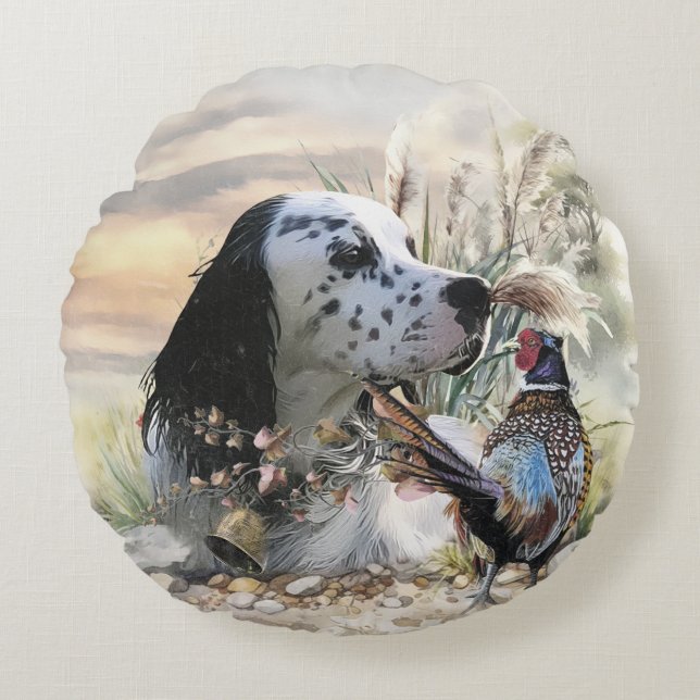 Beautiful English Setter with Pheasant ,  Art  Round Cushion (Front)