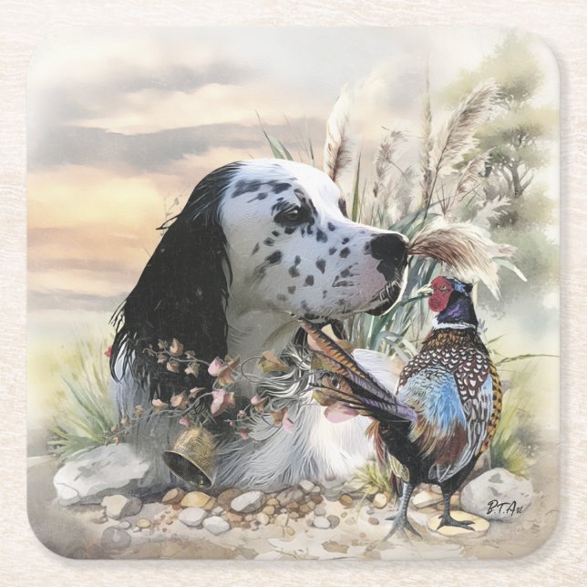 Beautiful English Setter with Pheasant ,  Art  Square Paper Coaster (Front)