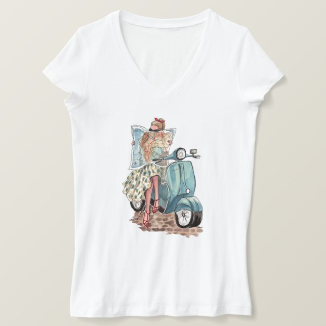 Beautiful European Traveller on Retro Vespa Moped T-Shirt (Design Front)