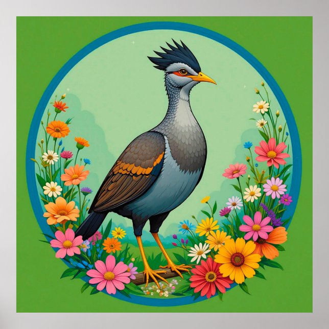 Beautiful Exotic Bird Resting Among Colourful Flow Poster (Front)