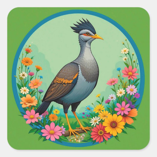 Beautiful Exotic Bird Resting Among Colourful Flow Square Sticker (Front)