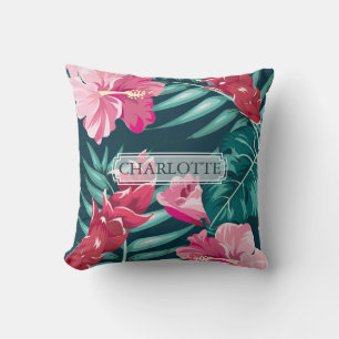 Beautiful Exotic Pink Flowers Monogram Cushion