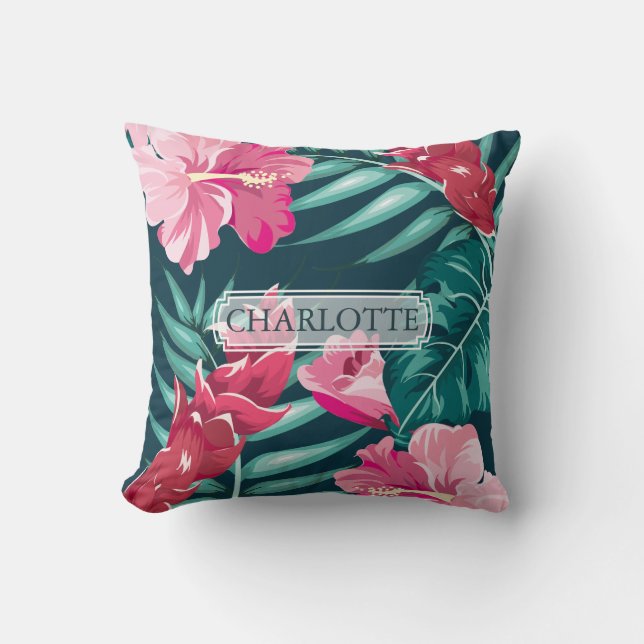 Beautiful Exotic Pink Flowers Monogram Cushion (Front)