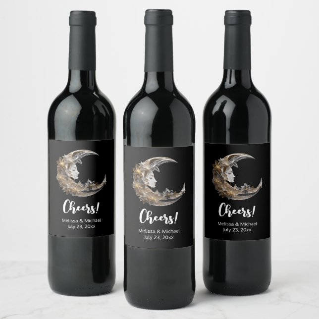 Beautiful Face in the Moon Wedding Wine Label (Bottles)