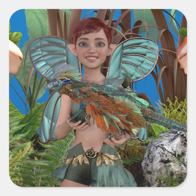 Beautiful fairy Avery standing smiling in garden Square Sticker (Front)