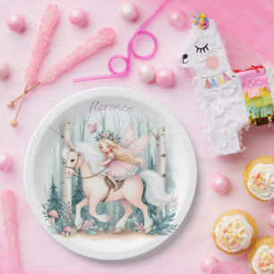 Beautiful fairy girl riding in an enchanted forest paper plate