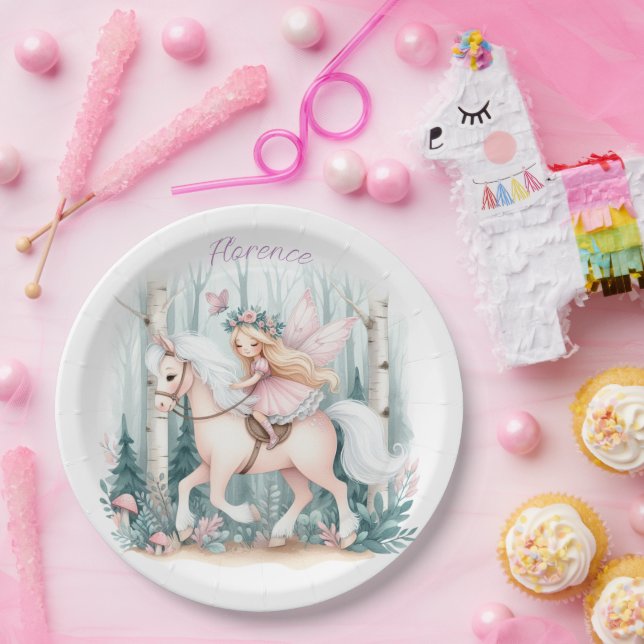 Beautiful fairy girl riding in an enchanted forest paper plate (Party)