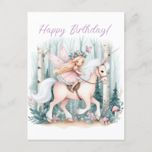 Beautiful fairy girl riding in an enchanted forest postcard