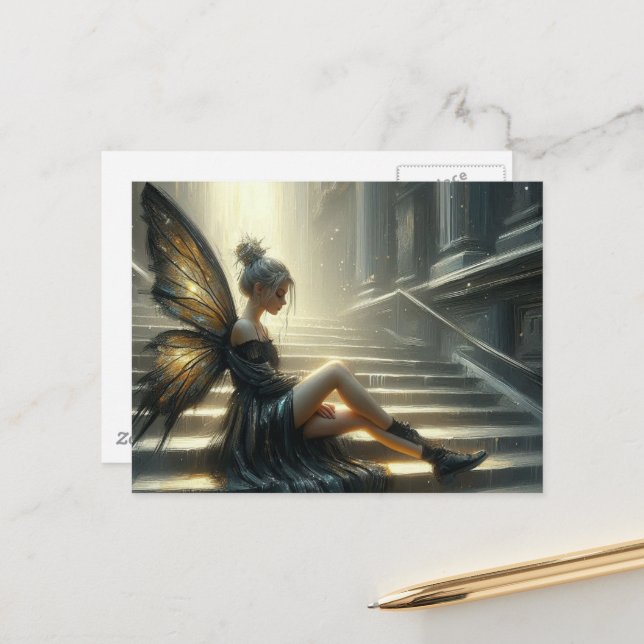 Beautiful Fairy in a black dress sitting on stairs Postcard (Front/Back In Situ)