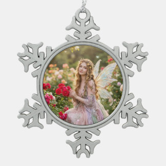 Beautiful fairy princess in rose garden snowflake pewter christmas ornament