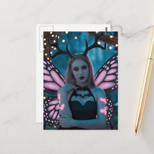 Beautiful Fairy With Black Antlers Postcard (Front/Back In Situ)
