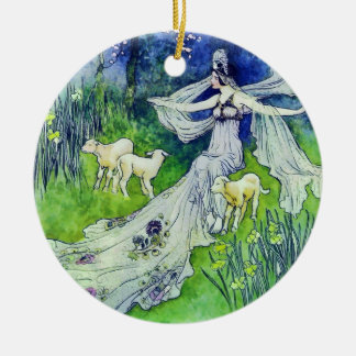 Beautiful Fairy with Lambs, Warwick Goble Art Ceramic Tree Decoration