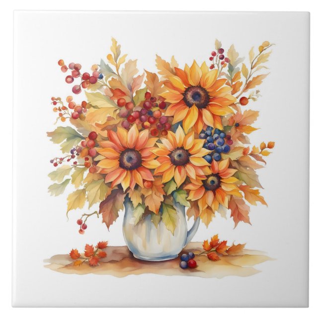 Beautiful Fall Sunflowers and Berries Bouquet  Tile (Front)