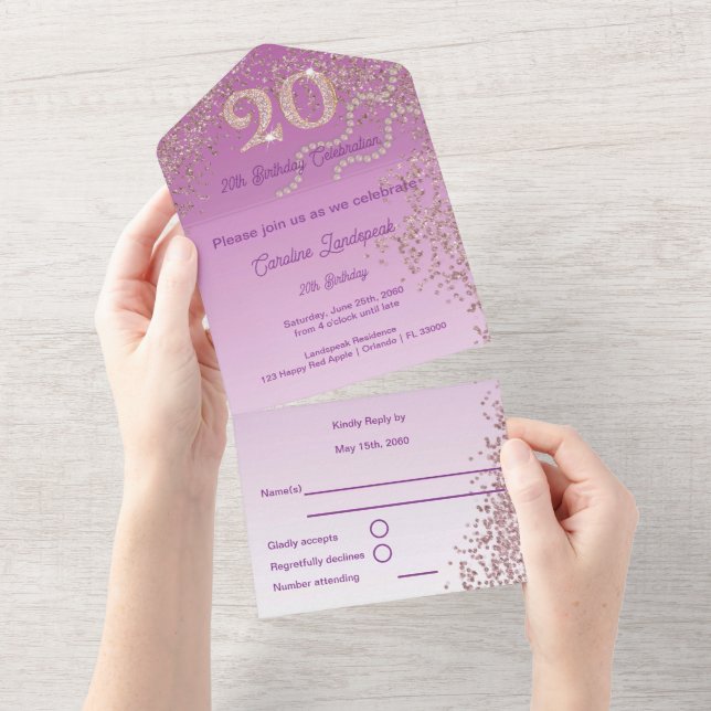 Beautiful Falling Rose Gold Glitter 20th Birthday All In One Invitation (Tearaway)