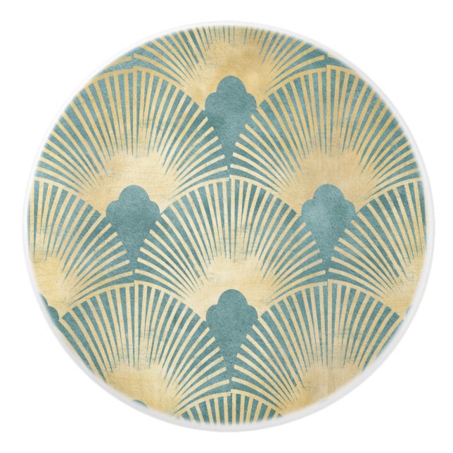 Beautiful fan pattern,teal gold,Art Deco pattern,c Ceramic Knob (Front)