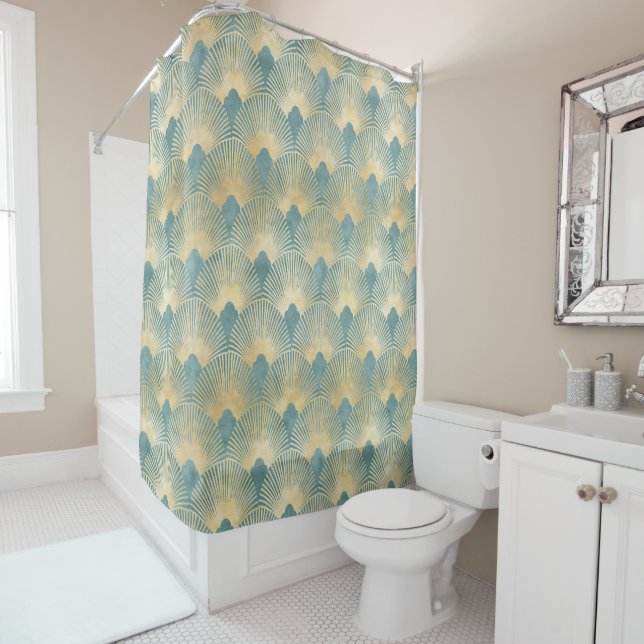Beautiful fan pattern,teal gold,Art Deco pattern,c Shower Curtain (In Situ)
