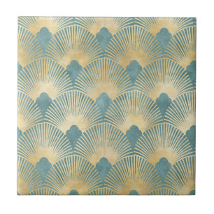 Beautiful fan pattern,teal gold,Art Deco pattern,c Tile