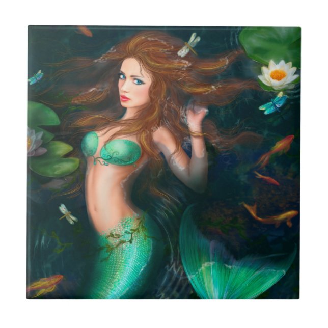 Beautiful Fantasy mermaid in lake Tile (Front)