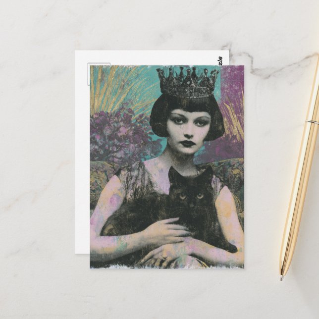 Beautiful Fantasy Queen and Her Black Cat Postcard (Front/Back In Situ)