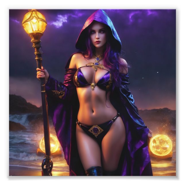 Beautiful Fantasy Warlock with Scepter Babe Photo Print (Front)