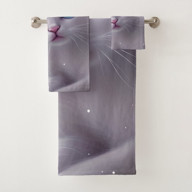 Beautiful Fantasy White Fluffy Cat  Bath Towel Set (Insitu)