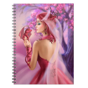 Beautiful fantasy woman queen and red dragon spiral notebook