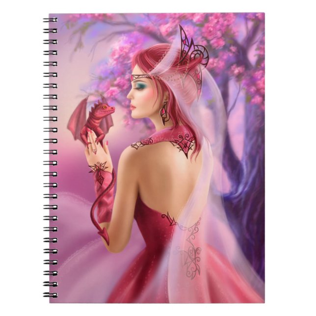 Beautiful fantasy woman queen and red dragon spiral notebook (Front)