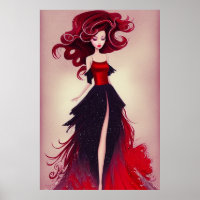 Beautiful Fashion Sketch of Woman with Red Hair 