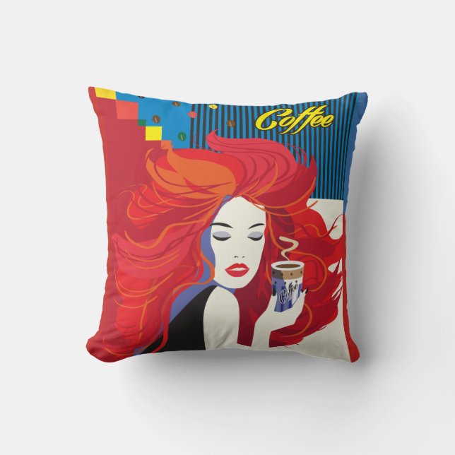Beautiful Fashion Woman and Coffee Cup POP-ART Cushion (Front)