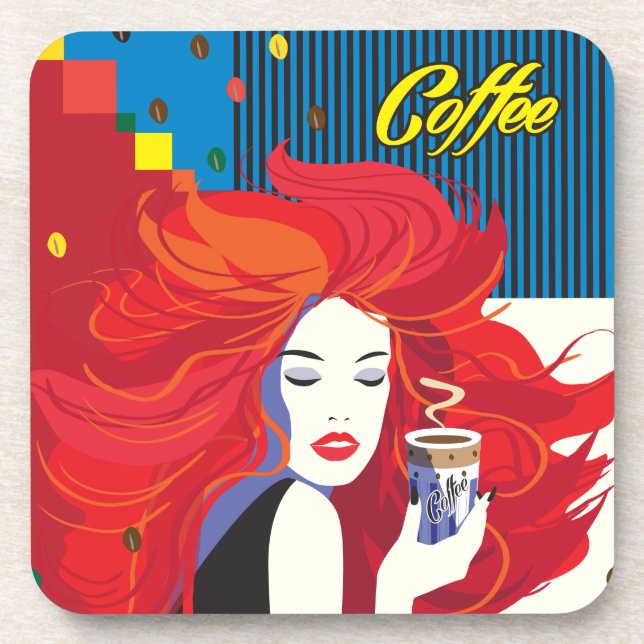 "Beautiful Fashion Woman with Coffee Cup" Pop Art Coaster (Front)