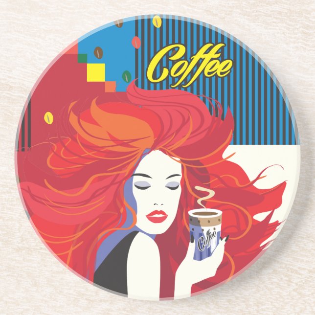 "Beautiful Fashion Woman with Coffee Cup" Pop Art Coaster (Front)