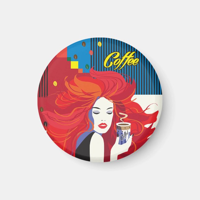 "Beautiful Fashion Woman with Coffee Cup" Pop Art Magnet (Front)