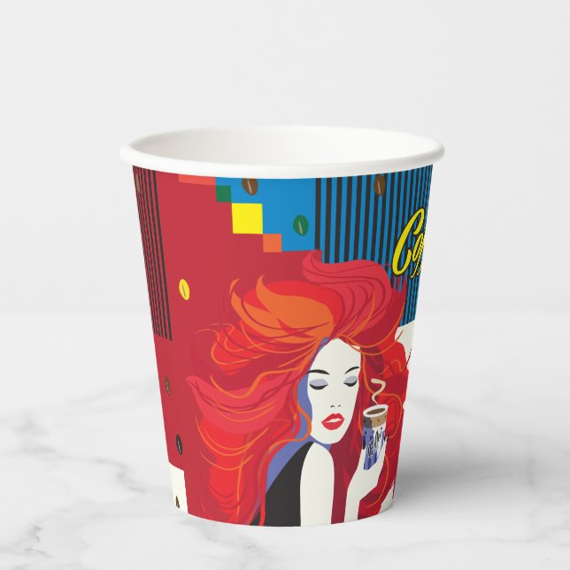 "Beautiful Fashion Woman with Coffee Cup" Pop Art Paper Cups (Front)