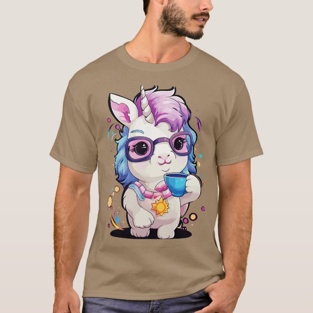 Beautiful fat unicorn drinking coffee T-Shirt (Front)