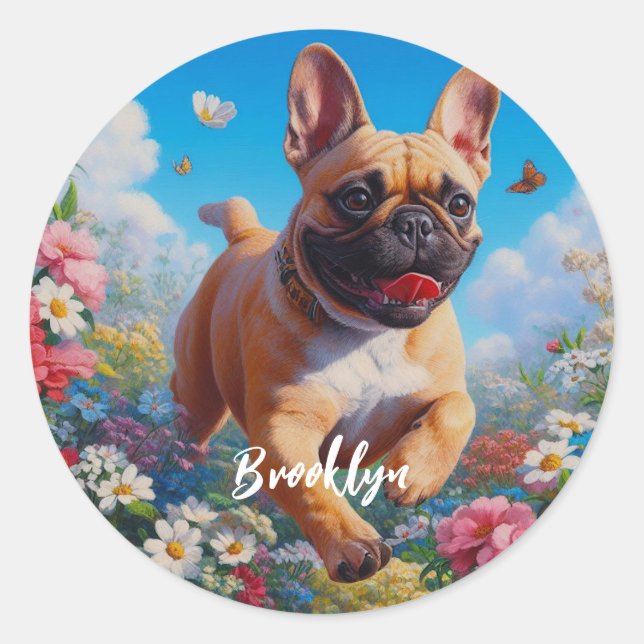 Beautiful Fawn French Bulldog & Flowers  Classic Round Sticker (Front)