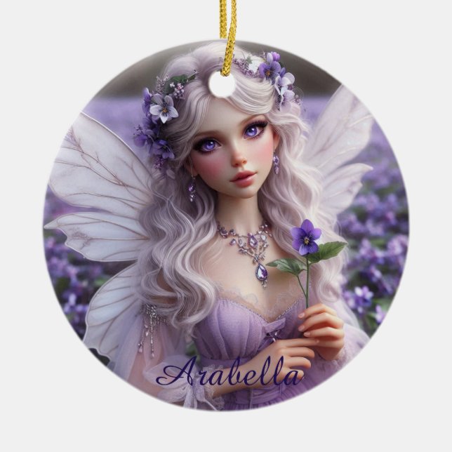 Beautiful February Fairy in Violets Ceramic Tree Decoration (Front)