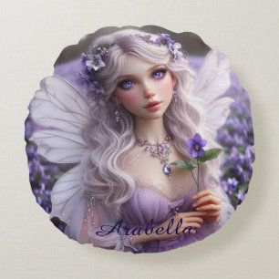 Beautiful February Fairy in Violets Round Cushion